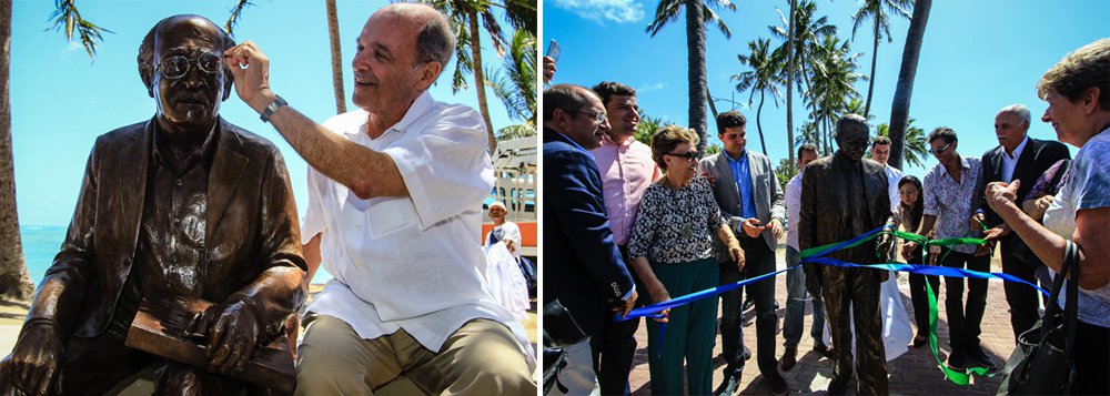 Reconhecidos internacionalmente, os alagoanos Graciliano Ramos e Aurélio Buarque de Holanda foram esculpidos em bronze e agora são mais uma atração na bela orla de Maceió; inauguração faz parte da comemoração aos 200 anos da capital; familiares e amigos dos homenageados estiveram presentes à solenidade; esculturas foram feitas pelo mineiro Léo Santana, que também é responsável pela escultura do poeta Carlos Drummond de Andrade, instalada no calçadão de Copacabana, no Rio de Janeiro (Foto: Voney Malta) Reconhecidos internacionalmente, os alagoanos Graciliano Ramos e Aurélio Buarque de Holanda foram esculpidos em bronze e agora são mais uma atração na bela orla de Maceió; inauguração faz parte da comemoração aos 200 anos da capital; familiares e amigos dos homenageados estiveram presentes à solenidade; esculturas foram feitas pelo mineiro Léo Santana, que também é responsável pela escultura do poeta Carlos Drummond de Andrade, instalada no calçadão de Copacabana, no Rio de Janeiro