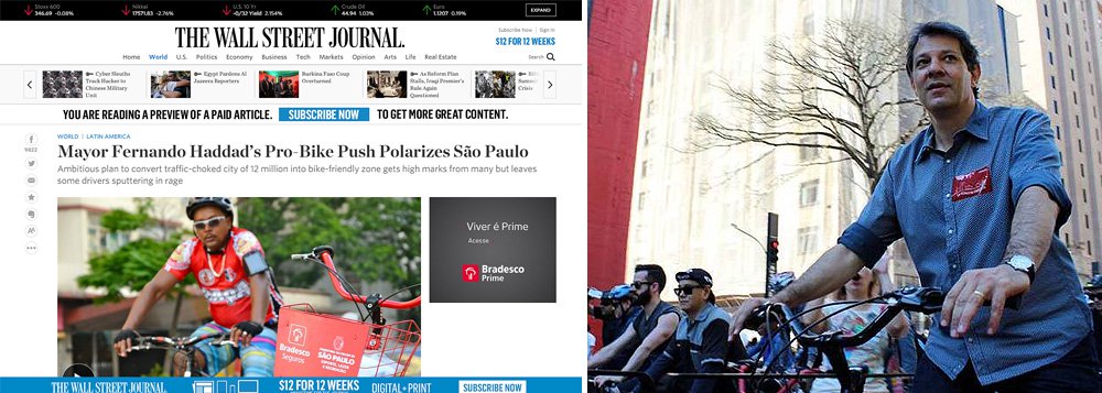 “Se o prefeito altamente impopular de São Paulo fosse o líder de São Francisco, Berlim ou de alguma outra metrópole progressiva, ele poderia ser considerado um visionário urbano”, escrevem Reed Johnson e Rogerio Jelmayer, sobre as ciclovias de Fernando Haddad (PT); “esforço progressista mais visível é tentar converter esta cidade de 12 milhões de pessoas sufocada pelo tráfego em uma zona amigável para bicicletas e ônibus onde carros particulares são tratados como uma peste”, acrescentaram (Foto: Roberta Namour) www.brasil247.com - “Se o prefeito altamente impopular de São Paulo fosse o líder de São Francisco, Berlim ou de alguma outra metrópole progressiva, ele poderia ser considerado um visionário urbano”, escrevem Reed Johnson e Rogerio Jelmayer, sobre as ciclovias de Fernando Haddad (PT); “esforço progressista mais visível é tentar converter esta cidade de 12 milhões de pessoas sufocada pelo tráfego em uma zona amigável para bicicletas e ônibus onde carros particulares são tratados como uma peste”, acrescentaram