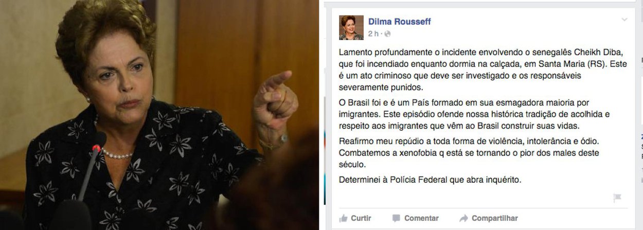 A presidente Dilma Rousseff repudiou o ataque ao senegalês Cheikh Diba, que teve parte do corpo queimado enquanto dormia na rua, no município de Santa Maria, no Rio Grande do Sul; no Twitter, a presidente disse que o ato é “criminoso” e ofende a “histórica tradição de acolhida e respeito” dos brasileiros a imigrantes; ela informou ter determinado que a Polícia Federal abra inquérito e investigue o ataque (Foto: Valter Lima) www.brasil247.com - A presidente Dilma Rousseff repudiou o ataque ao senegalês Cheikh Diba, que teve parte do corpo queimado enquanto dormia na rua, no município de Santa Maria, no Rio Grande do Sul; no Twitter, a presidente disse que o ato é “criminoso” e ofende a “histórica tradição de acolhida e respeito” dos brasileiros a imigrantes; ela informou ter determinado que a Polícia Federal abra inquérito e investigue o ataque