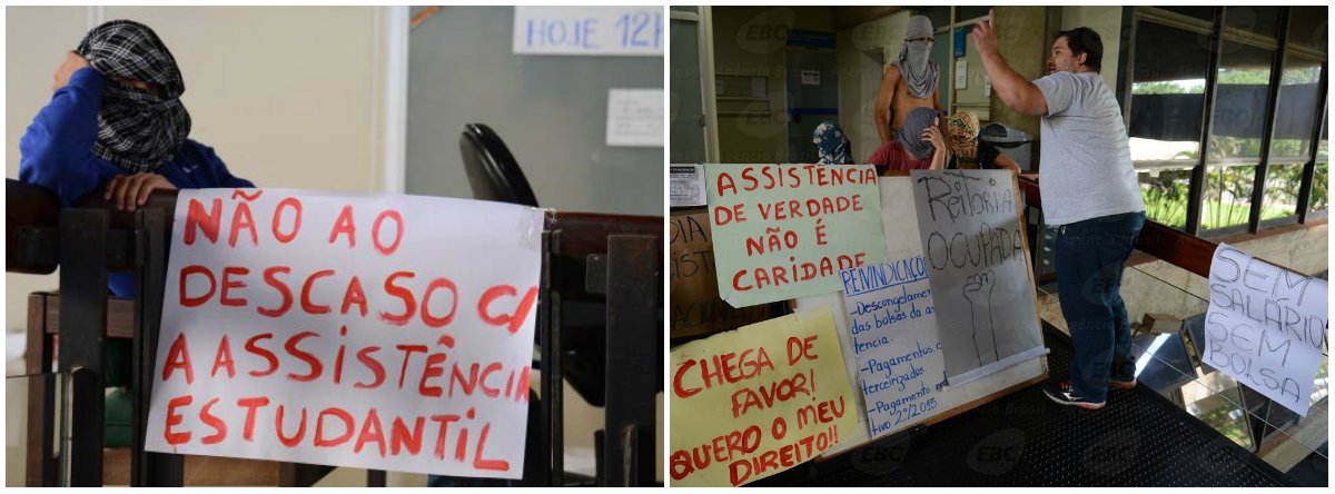 Alunos da Universidade de Brasília (UnB) ocupam a reitoria da instituição em protesto contra atrasos no pagamento das bolsas de assistência estudantil e no pagamento de terceirizados; cerca de vinte alunos passaram no gabinete do reitor, no último andar da reitoria; os manifestantes permanecem encapuzados e bloqueando a entrada da reitoria; a UnB informou que cerca de 2 mil alunos recebem bolsa de assistência estudantil; o valor de cada uma é de cerca R$ 400 (Foto: Leonardo Lucena) Alunos da Universidade de Brasília (UnB) ocupam a reitoria da instituição em protesto contra atrasos no pagamento das bolsas de assistência estudantil e no pagamento de terceirizados; cerca de vinte alunos passaram no gabinete do reitor, no último andar da reitoria; os manifestantes permanecem encapuzados e bloqueando a entrada da reitoria; a UnB informou que cerca de 2 mil alunos recebem bolsa de assistência estudantil; o valor de cada uma é de cerca R$ 400