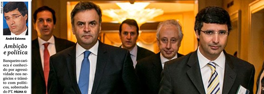 Ao apresentar o banqueiro André Esteves em sua primeira página desta quinta-feira, o jornal O Globo fez a seguinte descrição: 'Banqueiro carioca é conhecido por agressividade nos negócios e trânsito com políticos, sobretudo do PT'; Esteves, no entanto, fez campanha ostensiva por Aécio Neves (PSDB-MG) na última disputa presidencial, chegando a promover um evento em Nova York em torno do tucano antes das eleições; seu banco, o BTG Pactual, também acaba de indicar o tucano Persio Arida como presidente interino; além disso, Esteves defendia a privatização parcial da Caixa Econômica Federal e havia a expectativa de que Aécio retomasse essa agenda (Foto: Leonardo Attuch) Ao apresentar o banqueiro André Esteves em sua primeira página desta quinta-feira, o jornal O Globo fez a seguinte descrição: 'Banqueiro carioca é conhecido por agressividade nos negócios e trânsito com políticos, sobretudo do PT'; Esteves, no entanto, fez campanha ostensiva por Aécio Neves (PSDB-MG) na última disputa presidencial, chegando a promover um evento em Nova York em torno do tucano antes das eleições; seu banco, o BTG Pactual, também acaba de indicar o tucano Persio Arida como presidente interino; além disso, Esteves defendia a privatização parcial da Caixa Econômica Federal e havia a expectativa de que Aécio retomasse essa agenda
