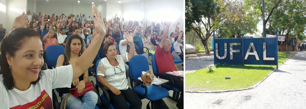 Os servidores da Universidade Federal de Alagoas (UFAL) acataram a proposta do governo federal em parcelar, em duas vezes, os 10,8% de reajuste salarial; no entanto, a greve continua até que o acordo firmado com o movimento grevista seja assinado; paralisação já dura quatro meses e é considerada uma das mais longas da história, abrangendo praticamente todas as universidades e institutos federais do país (Foto: Voney Malta) Os servidores da Universidade Federal de Alagoas (UFAL) acataram a proposta do governo federal em parcelar, em duas vezes, os 10,8% de reajuste salarial; no entanto, a greve continua até que o acordo firmado com o movimento grevista seja assinado; paralisação já dura quatro meses e é considerada uma das mais longas da história, abrangendo praticamente todas as universidades e institutos federais do país