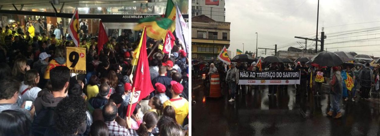 Policiais militares entraram em confronto com manifestantes que tentaram forçar a entrada do prédio da Assembleia Legislativa do Rio Grande do Sul para acompanhar a sessão que discute o aumento da alíquota base do ICMS; policiais fizeram uso de cassetetes e de gás lacrimogêneo para conter a multidão; três pessoas foram detidas e outras tiveram ferimentos leves; segundo a PM, cerca de 300 manifestantes estão posicionados em frente à sede do Poder Legislativo Estadual; segurança no local foi reforçada (Foto: Paulo Emílio) Policiais militares entraram em confronto com manifestantes que tentaram forçar a entrada do prédio da Assembleia Legislativa do Rio Grande do Sul para acompanhar a sessão que discute o aumento da alíquota base do ICMS; policiais fizeram uso de cassetetes e de gás lacrimogêneo para conter a multidão; três pessoas foram detidas e outras tiveram ferimentos leves; segundo a PM, cerca de 300 manifestantes estão posicionados em frente à sede do Poder Legislativo Estadual; segurança no local foi reforçada