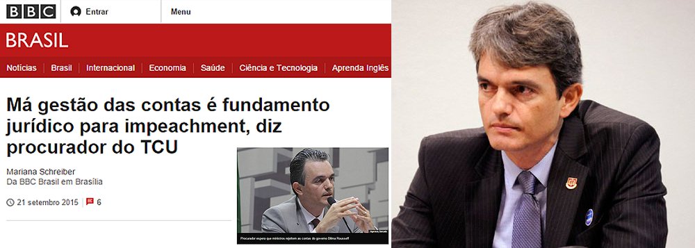 Em entrevista à BBC, procurador do Tribunal de Contas da União Júlio Marcelo de Oliveira prega abertamente o impeachment da presidente Dilma Rousseff; para ele, o governo usou as "pedaladas" e outras "fraudes" para elevar os gastos de 2014, com objetivo de vencer a eleição; "É incrível como Oliveira sequer se preocupa em esconder sua militância anti-governo. Sua página no Facebook, conforme revelou um militante do PT, era adepta de todos esses movimentos golpistas que pululam por aí, e ele mesmo esteve, junto com a família, presente numa manifestação pelo impeachment da presidenta", destaca Miguel do Rosário, do Cafezinho (Foto: Roberta Namour) Em entrevista à BBC, procurador do Tribunal de Contas da União Júlio Marcelo de Oliveira prega abertamente o impeachment da presidente Dilma Rousseff; para ele, o governo usou as "pedaladas" e outras "fraudes" para elevar os gastos de 2014, com objetivo de vencer a eleição; "É incrível como Oliveira sequer se preocupa em esconder sua militância anti-governo. Sua página no Facebook, conforme revelou um militante do PT, era adepta de todos esses movimentos golpistas que pululam por aí, e ele mesmo esteve, junto com a família, presente numa manifestação pelo impeachment da presidenta", destaca Miguel do Rosário, do Cafezinho