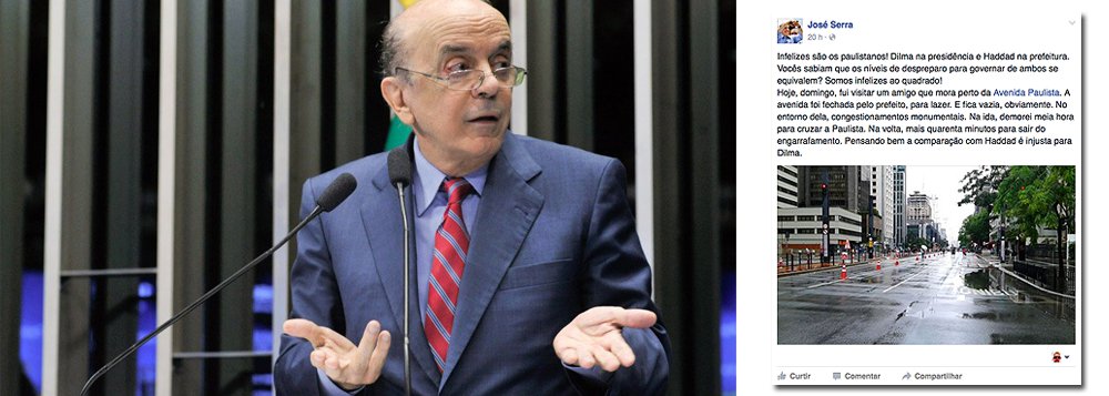 Ex-prefeito e ex-governador de São Paulo, senador tucano criticou o fato de a Avenida Paulista, fechada para lazer aos domingos, estar vazia em um dia de chuva e de Fuvest e se tornou motivo de piada; "Serra leva quarenta minutos para cruzar a Paulista, e fica mais tempo na avenida do que no cargo de prefeito", ironizou uma mensagem no Twitter; outro usuário perguntou por que José Serra não usou o metrô, já que mora nos Jardins (Foto: Gisele Federicce) Ex-prefeito e ex-governador de São Paulo, senador tucano criticou o fato de a Avenida Paulista, fechada para lazer aos domingos, estar vazia em um dia de chuva e de Fuvest e se tornou motivo de piada; "Serra leva quarenta minutos para cruzar a Paulista, e fica mais tempo na avenida do que no cargo de prefeito", ironizou uma mensagem no Twitter; outro usuário perguntou por que José Serra não usou o metrô, já que mora nos Jardins
