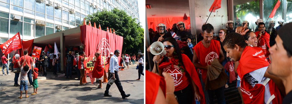 Depois de ocuparem a entrada principal do Ministério da Fazenda, 50 manifestantes do MTST e do Sindicato Nacional dos Docentes das Instituições de Ensino Superior (Andes) foram retirados do local pela PM; os manifestantes disseram que a ocupação – que durou cerca de 15 minutos – significou um protesto contra o ajuste fiscal proposto pelo governo; segundo a PM, a previsão é de que 23 ônibus com manifestantes cheguem ao local (Foto: Leonardo Lucena) Depois de ocuparem a entrada principal do Ministério da Fazenda, 50 manifestantes do MTST e do Sindicato Nacional dos Docentes das Instituições de Ensino Superior (Andes) foram retirados do local pela PM; os manifestantes disseram que a ocupação – que durou cerca de 15 minutos – significou um protesto contra o ajuste fiscal proposto pelo governo; segundo a PM, a previsão é de que 23 ônibus com manifestantes cheguem ao local