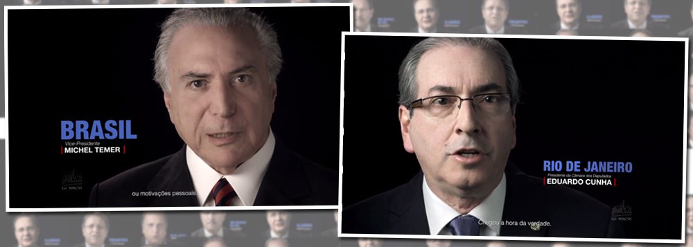 Propaganda do partido não dissimula a aposta na 'saída Temer', no momento em que as bancadas na Câmara e no Senado reforçam presença na Esplanada dos Ministérios; sem citar diretamente o governo, caciques da legenda defendem que "é hora de virar esse jogo", e "deixar o estrelismo de lado"; presidente nacional da sigla, o vice-presidente Michel Temer defende a união; "É imprescindível unir forças, colocar o Brasil acima de qualquer interesse partidário ou motivações pessoais", afirma; já o presidente da Câmara, Eduardo Cunha, que defende a saída do partido do governo Dilma, diz que é "a hora da verdade"; "Chegou a hora de escolher que Brasil queremos", afirma; ao todo, cerca de 50 líderes do PMDB falam durante aproximadamente dez minutos de programa (Foto: Aquiles Lins) Propaganda do partido não dissimula a aposta na 'saída Temer', no momento em que as bancadas na Câmara e no Senado reforçam presença na Esplanada dos Ministérios; sem citar diretamente o governo, caciques da legenda defendem que "é hora de virar esse jogo", e "deixar o estrelismo de lado"; presidente nacional da sigla, o vice-presidente Michel Temer defende a união; "É imprescindível unir forças, colocar o Brasil acima de qualquer interesse partidário ou motivações pessoais", afirma; já o presidente da Câmara, Eduardo Cunha, que defende a saída do partido do governo Dilma, diz que é "a hora da verdade"; "Chegou a hora de escolher que Brasil queremos", afirma; ao todo, cerca de 50 líderes do PMDB falam durante aproximadamente dez minutos de programa