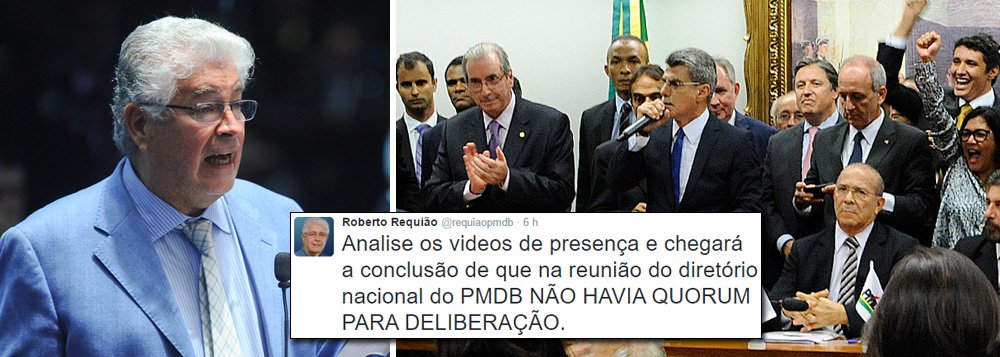 Um dos principais parlamentares do PMDB contra o impeachment, senador Roberto Requião (PR) acusou o vice-presidente, Michel Temer, de aplicar um "golpe" no PMDB; sem citar Temer, Requião afirmou pelo Twitter que não havia quórum na reunião do diretório nacional para deliberar pelo "rompimento" com o governo Dilma; "Analise os videos de presença e chegará à conclusão de que na reunião do diretório nacional do PMDB não havia quorum para a deliberação" (Foto: Leonardo Lucena) Um dos principais parlamentares do PMDB contra o impeachment, senador Roberto Requião (PR) acusou o vice-presidente, Michel Temer, de aplicar um "golpe" no PMDB; sem citar Temer, Requião afirmou pelo Twitter que não havia quórum na reunião do diretório nacional para deliberar pelo "rompimento" com o governo Dilma; "Analise os videos de presença e chegará à conclusão de que na reunião do diretório nacional do PMDB não havia quorum para a deliberação"
