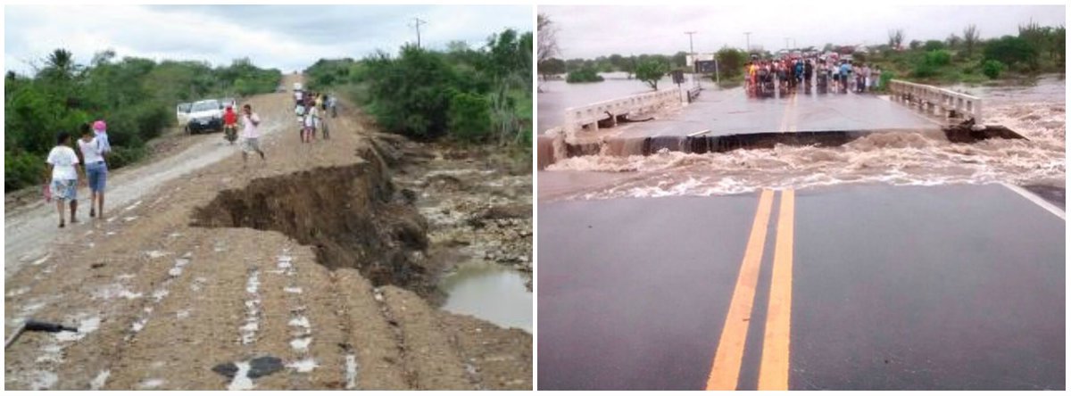 Após mais de 12 horas de intenso temporal em municípios da Bacia do Jacuípe e do Sisal, os rios que cortam aquele território – na área de expansão de Feira de Santana - elevaram bastante seus níveis de água e causaram graves transtornos à população; em Riachão do Jacuípe, a 197 km de Salvador, o Rio Jacuípe transbordou e derrubou ponte na BR-324; uma grande cratera se abriu com as chuvas que caíram sobre a BA-120, trecho de Riachão do Jacuipe a Conceição do Coité, nessa sexta-feira 22 (Foto: Gisele Federicce) Após mais de 12 horas de intenso temporal em municípios da Bacia do Jacuípe e do Sisal, os rios que cortam aquele território – na área de expansão de Feira de Santana - elevaram bastante seus níveis de água e causaram graves transtornos à população; em Riachão do Jacuípe, a 197 km de Salvador, o Rio Jacuípe transbordou e derrubou ponte na BR-324; uma grande cratera se abriu com as chuvas que caíram sobre a BA-120, trecho de Riachão do Jacuipe a Conceição do Coité, nessa sexta-feira 22