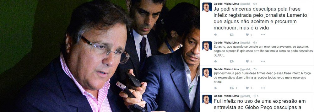 O presidente do PMDB na Bahia, Geddel Vieira Lima, se arrependeu de ter usado palavras de baixo calão para responder a questionamentos sobre a acusação de ter atuado em favor da construtora OAS enquanto era vice-presidente da Caixa; ele disse que "tinha que tratar com todo mundo, com empresário, com jornalista, com puta, com viado..."; o ex-ministro usou seu perfil no Twitter nesta tarde para pedir desculpas pelas palavras chulas; "Fui infeliz no uso de uma expressão. Peço desculpas a todos" (Foto: Romulo Faro) O presidente do PMDB na Bahia, Geddel Vieira Lima, se arrependeu de ter usado palavras de baixo calão para responder a questionamentos sobre a acusação de ter atuado em favor da construtora OAS enquanto era vice-presidente da Caixa; ele disse que "tinha que tratar com todo mundo, com empresário, com jornalista, com puta, com viado..."; o ex-ministro usou seu perfil no Twitter nesta tarde para pedir desculpas pelas palavras chulas; "Fui infeliz no uso de uma expressão. Peço desculpas a todos"