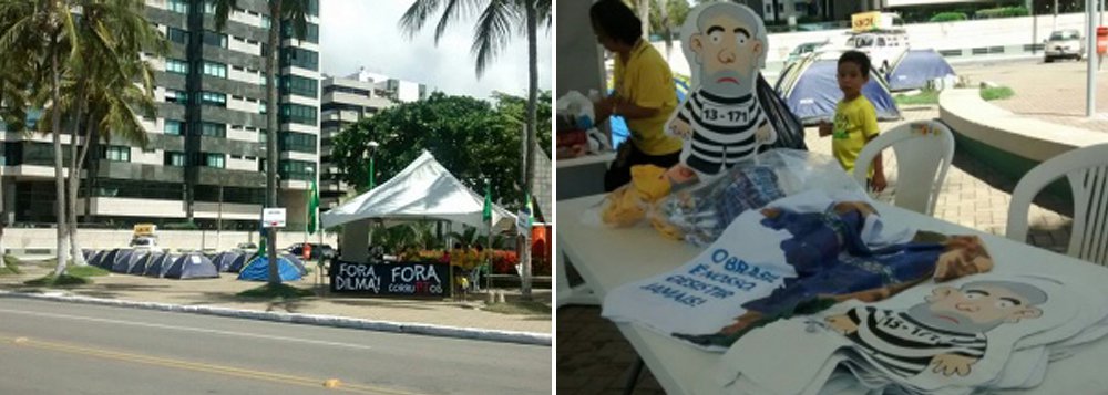Em protesto contra o governo Dilma e a nomeação do ex-presidente Lula como ministro da Casa Civil, dezenas de manifestantes permanecem acampados na orla de Maceió; no local, bonecos e camisas são vendidos para ajudar no custo de locação de carros de som e produção de faixas (Foto: Voney Malta) Em protesto contra o governo Dilma e a nomeação do ex-presidente Lula como ministro da Casa Civil, dezenas de manifestantes permanecem acampados na orla de Maceió; no local, bonecos e camisas são vendidos para ajudar no custo de locação de carros de som e produção de faixas