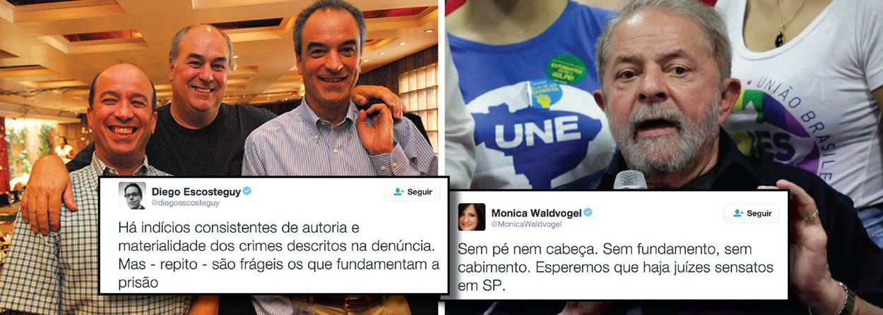Depois do pedido de prudência do PSDB, Globo usa dois de seus editores para também transmitir a mensagem de que não há razões para prender Lula; pelo Twitter, Diego Escosteguy, editor chefe da Época, disse que "a fragilidade do pedido de prisão de Lula atrapalha a Lava Jato"; "O pedido de prisão preventiva de Lula apresentado pelo MP de SP é extremamente frágil", definiu; a jornalista Monica Waldvoguel, fez coro: "Sem pé nem cabeça. Sem fundamento, sem cabimento. Esperemos que haja juízes sensatos em SP"; para ela, "nem o Moro que tem o esquema todo na cabeça fez isso"; depois de incitar o golpe e o ódio político, tucanos e família Marinho pedem paz; na semana passada, após a ação da Lava Jato contra Lula, Globo passou a ser alvo da fúria e da indignação popular (Foto: Valter Lima) Depois do pedido de prudência do PSDB, Globo usa dois de seus editores para também transmitir a mensagem de que não há razões para prender Lula; pelo Twitter, Diego Escosteguy, editor chefe da Época, disse que "a fragilidade do pedido de prisão de Lula atrapalha a Lava Jato"; "O pedido de prisão preventiva de Lula apresentado pelo MP de SP é extremamente frágil", definiu; a jornalista Monica Waldvoguel, fez coro: "Sem pé nem cabeça. Sem fundamento, sem cabimento. Esperemos que haja juízes sensatos em SP"; para ela, "nem o Moro que tem o esquema todo na cabeça fez isso"; depois de incitar o golpe e o ódio político, tucanos e família Marinho pedem paz; na semana passada, após a ação da Lava Jato contra Lula, Globo passou a ser alvo da fúria e da indignação popular
