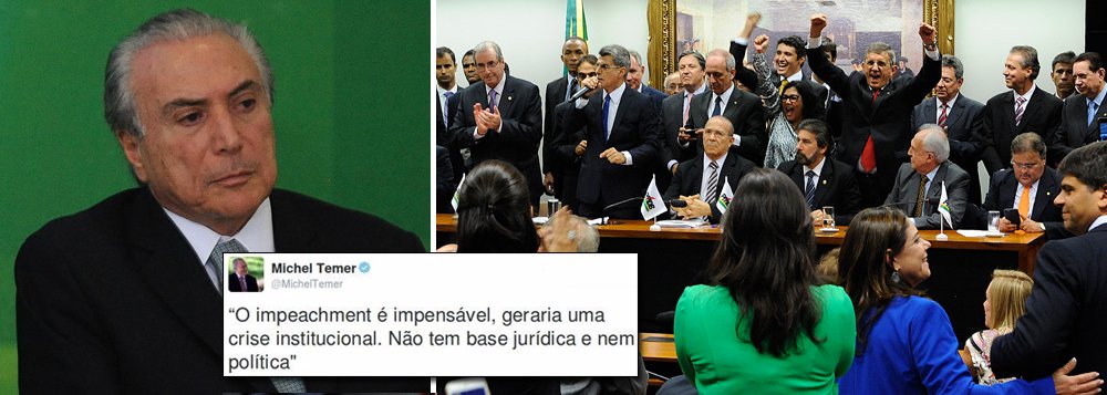 "O impeachment é impensável, geraria uma crise institucional. Não tem base jurídica e nem política", disse o vice-presidente Michel Temer, no Twitter, há um ano; hoje, num vídeo enviado ao seminário promovido por Gilmar Mendes em Portugal, ele afirmou, sem mencionar as crises pelas quais passa o Brasil, que as instituições brasileiras "estão funcionando regularmente" e que o Executivo, o Legislativo e o Judiciário estão "cumprindo suas tarefas"; nesta terça-feira, o PMDB também formalizou o rompimento da aliança com o governo da presidente Dilma Rousseff; após o anúncio da decisão, a hashtag #RenunciaTemer liderou os assuntos mais comentados no Twitter do Brasil (Foto: Gisele Federicce) "O impeachment é impensável, geraria uma crise institucional. Não tem base jurídica e nem política", disse o vice-presidente Michel Temer, no Twitter, há um ano; hoje, num vídeo enviado ao seminário promovido por Gilmar Mendes em Portugal, ele afirmou, sem mencionar as crises pelas quais passa o Brasil, que as instituições brasileiras "estão funcionando regularmente" e que o Executivo, o Legislativo e o Judiciário estão "cumprindo suas tarefas"; nesta terça-feira, o PMDB também formalizou o rompimento da aliança com o governo da presidente Dilma Rousseff; após o anúncio da decisão, a hashtag #RenunciaTemer liderou os assuntos mais comentados no Twitter do Brasil