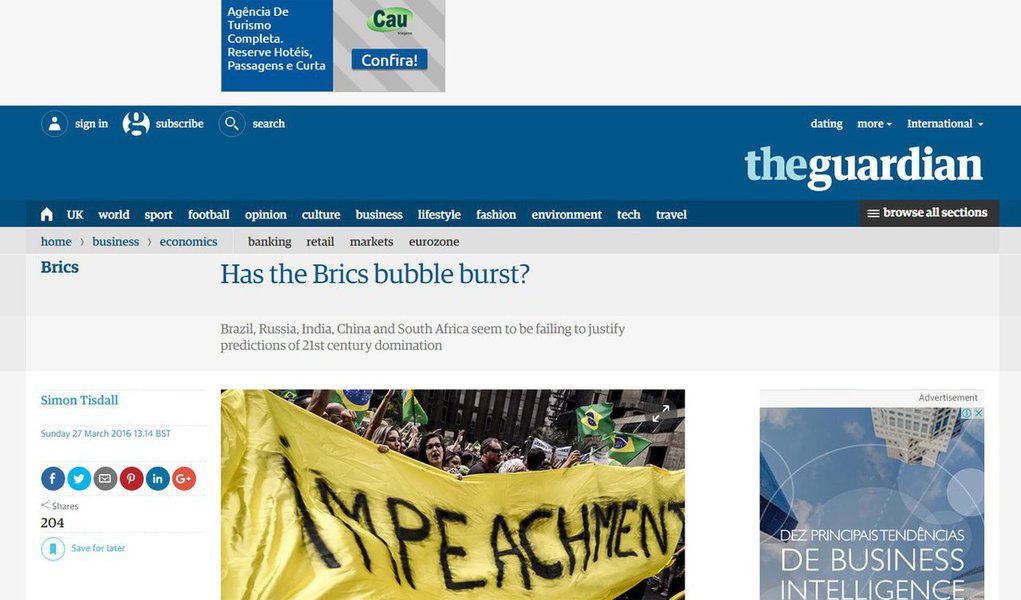 Artigo publicado pelo jornal britânico “The Guardian” sobre os Brics diz que o impasse em Brasília e a possibilidade de que a presidente Dilma Rousseff sofra um impeachment são particularmente preocupantes: “Com cerca de um quarto dos membros do Congresso brasileiro enfrentando algum tipo de investigação criminal, a crise se tornou estrutural e existencial em sua essência, levantando preocupações sobre a durabilidade da jovem democracia do Brasil” (Foto: Roberta Namour) Artigo publicado pelo jornal britânico “The Guardian” sobre os Brics diz que o impasse em Brasília e a possibilidade de que a presidente Dilma Rousseff sofra um impeachment são particularmente preocupantes: “Com cerca de um quarto dos membros do Congresso brasileiro enfrentando algum tipo de investigação criminal, a crise se tornou estrutural e existencial em sua essência, levantando preocupações sobre a durabilidade da jovem democracia do Brasil”
