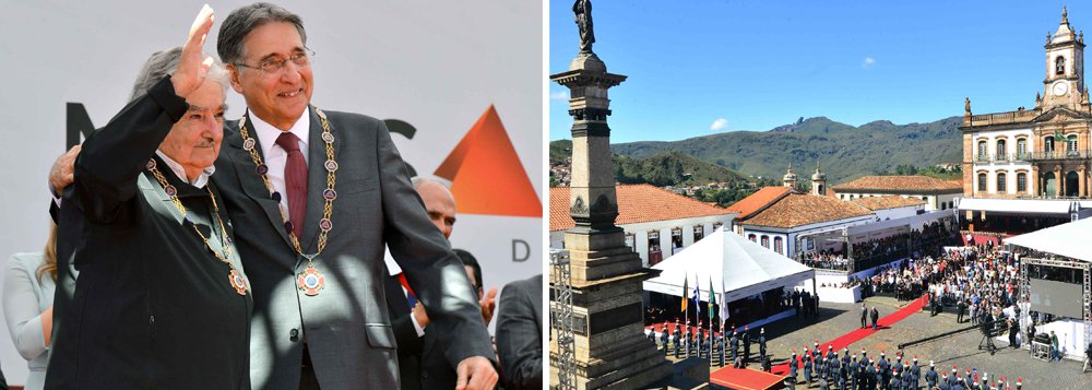 Homenageado nesta quinta (21), com o Grande Colar, da Comenda de Minas Gerais, o ex-presidente do Uruguai, Pepe Mujica, falou sobre a crise política do Brasil; ele condenou a negação da política e defendeu a democracia; Mujica também reforçou a necessidade de unidade dos países da América Latina; "Necessitamos da política, o homem é um animal político. A função da política é impor limite às dores e às injustiças. É lutar por um mundo melhor, buscando conciliar permanentemente as diferenças. Não é função da política esmagar as diferenças. O pior resultado para as novas gerações diante do conflito que está vivendo o Brasil é que se termine com a conclusão de que a política não serve para nada. Há que se salvar a política, isto é um problema do Brasil", afirmou (Foto: Valter Lima) Homenageado nesta quinta (21), com o Grande Colar, da Comenda de Minas Gerais, o ex-presidente do Uruguai, Pepe Mujica, falou sobre a crise política do Brasil; ele condenou a negação da política e defendeu a democracia; Mujica também reforçou a necessidade de unidade dos países da América Latina; "Necessitamos da política, o homem é um animal político. A função da política é impor limite às dores e às injustiças. É lutar por um mundo melhor, buscando conciliar permanentemente as diferenças. Não é função da política esmagar as diferenças. O pior resultado para as novas gerações diante do conflito que está vivendo o Brasil é que se termine com a conclusão de que a política não serve para nada. Há que se salvar a política, isto é um problema do Brasil", afirmou