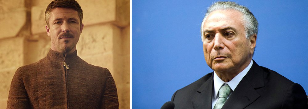 O vice-presidente Michel Temer se apequena cada vez mais, uma versão pobre e apagada de 'Lord Baelish', personagem de Game of Thrones. Já algum tempo vem gesticulando teatralmente com devaneios sobre um eventual governo seu. Na ânsia de tomar o lugar da presidenta Dilma Rousseff, eleita democraticamente com 54 milhões de votos, o peemedebista já divulgou uma carta melodramática, um áudio de whatsapp com discurso de uma posse ilusória e já imagina ministeriáveis numa gestão que não existe (Foto: Jandira Feghali) O vice-presidente Michel Temer se apequena cada vez mais, uma versão pobre e apagada de 'Lord Baelish', personagem de Game of Thrones. Já algum tempo vem gesticulando teatralmente com devaneios sobre um eventual governo seu. Na ânsia de tomar o lugar da presidenta Dilma Rousseff, eleita democraticamente com 54 milhões de votos, o peemedebista já divulgou uma carta melodramática, um áudio de whatsapp com discurso de uma posse ilusória e já imagina ministeriáveis numa gestão que não existe