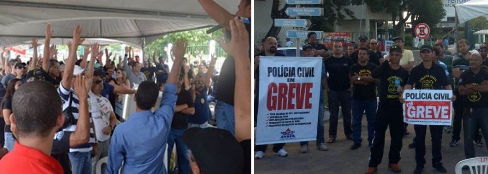 Em assembleia, os grevistas da polícia civil de Alagoas decidiram liberar apenas a entrada e saída dos caminhões carregados com combustíveis no Porto de Maceió, onde estão acampados desde o início da semana; categoria não aceitou a proposta do governo de piso salarial de R$ 3.600 a partir de agosto, com o orçamento destinado ao pagamento de retroativos acrescido em R$ 100 mil ao mês, além da implantação de todas as progressões até o mês de dezembro (Foto: Voney Malta) Em assembleia, os grevistas da polícia civil de Alagoas decidiram liberar apenas a entrada e saída dos caminhões carregados com combustíveis no Porto de Maceió, onde estão acampados desde o início da semana; categoria não aceitou a proposta do governo de piso salarial de R$ 3.600 a partir de agosto, com o orçamento destinado ao pagamento de retroativos acrescido em R$ 100 mil ao mês, além da implantação de todas as progressões até o mês de dezembro