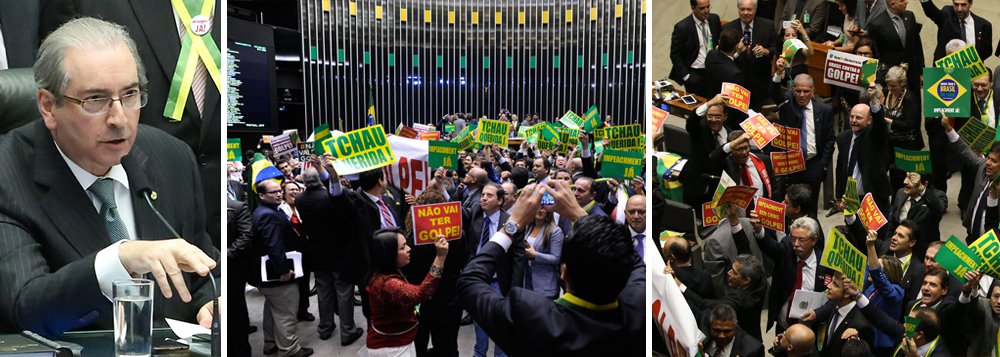 Foi aberta, nesta tarde, pelo deputado Eduardo Cunha (PMDB-RJ), presidente da Câmara dos Deputados, a sessão que tenta aprovar um golpe parlamentar contra a presidente Dilma Rousseff; nas últimas horas, tanto a presidente Dilma Rousseff como o vice Michel Temer negociaram apoios com parlamentares e os dois lados cantam vitória; sem crime de responsabilidade, impeachment da presidente Dilma causa espanto no mundo, mas pode ser aprovado por parlamentares investigados por corrupção, a começar pelo próprio Cunha, acusado, dias atrás, de cobrar propinas de R$ 52 milhões da Carioca Engenharia; para a presidente Dilma, trata-se da "maior farsa política e jurídica da nossa história"; sessão começa com tumulto e risco de pancadaria; assista (Foto: Leonardo Attuch) Foi aberta, nesta tarde, pelo deputado Eduardo Cunha (PMDB-RJ), presidente da Câmara dos Deputados, a sessão que tenta aprovar um golpe parlamentar contra a presidente Dilma Rousseff; nas últimas horas, tanto a presidente Dilma Rousseff como o vice Michel Temer negociaram apoios com parlamentares e os dois lados cantam vitória; sem crime de responsabilidade, impeachment da presidente Dilma causa espanto no mundo, mas pode ser aprovado por parlamentares investigados por corrupção, a começar pelo próprio Cunha, acusado, dias atrás, de cobrar propinas de R$ 52 milhões da Carioca Engenharia; para a presidente Dilma, trata-se da "maior farsa política e jurídica da nossa história"; sessão começa com tumulto e risco de pancadaria; assista