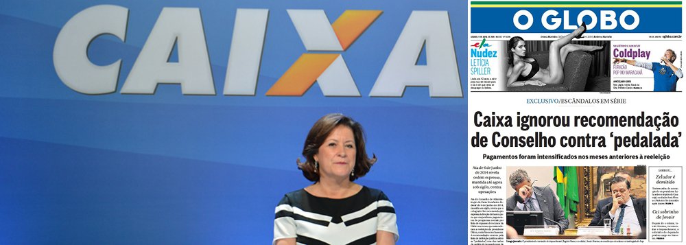 Em resposta à manchete que acusa o banco, presidido por Miriam Belchior, de ter "ignorado" recomendações do Conselho de Administração da Caixa Econômica Federal para não realizar mais a prática das chamadas 'pedaladas fiscais', que baseiam o pedido de impeachment da presidente Dilma Rousseff, a instituição nega a afirmação e destaca que "a matéria omite que a legalidade do procedimento foi referendada pela Procuradoria Geral do Banco Central (PGBC), o que consta inclusive em uma das atas à qual o jornalista teve acesso e na resposta encaminhada pela CAIXA"; nota demonstra ainda que o que chamam de 'pedaladas' foi apenas o pagamento de programas sociais, que geraram remuneração positiva para o banco (Foto: Gisele Federicce) Em resposta à manchete que acusa o banco, presidido por Miriam Belchior, de ter "ignorado" recomendações do Conselho de Administração da Caixa Econômica Federal para não realizar mais a prática das chamadas 'pedaladas fiscais', que baseiam o pedido de impeachment da presidente Dilma Rousseff, a instituição nega a afirmação e destaca que "a matéria omite que a legalidade do procedimento foi referendada pela Procuradoria Geral do Banco Central (PGBC), o que consta inclusive em uma das atas à qual o jornalista teve acesso e na resposta encaminhada pela CAIXA"; nota demonstra ainda que o que chamam de 'pedaladas' foi apenas o pagamento de programas sociais, que geraram remuneração positiva para o banco