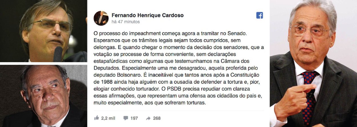 Ex-presidente Fernando Henrique Cardoso pediu que o seu partido, o PSDB, "repudie com clareza" a declaração do deputado federal Jair Bolsonaro (PSC-RJ) que homenageou o coronel Carlos Alberto Brilhante Ustra, acusado de praticar torturas contra presos políticos durante a ditadura militar; O PSDB precisa repudiar com clareza essas afirmações, que representam uma ofensa aos cidadãos do país e, muito especialmente, aos que sofreram torturas", escreveu FHC no Facebook; "É inaceitável que tantos anos após a Constituição de 1988 ainda haja alguém com a ousadia de defender a tortura e, pior, elogiar conhecido torturador", completou (Foto: Paulo Emílio) Ex-presidente Fernando Henrique Cardoso pediu que o seu partido, o PSDB, "repudie com clareza" a declaração do deputado federal Jair Bolsonaro (PSC-RJ) que homenageou o coronel Carlos Alberto Brilhante Ustra, acusado de praticar torturas contra presos políticos durante a ditadura militar; O PSDB precisa repudiar com clareza essas afirmações, que representam uma ofensa aos cidadãos do país e, muito especialmente, aos que sofreram torturas", escreveu FHC no Facebook; "É inaceitável que tantos anos após a Constituição de 1988 ainda haja alguém com a ousadia de defender a tortura e, pior, elogiar conhecido torturador", completou