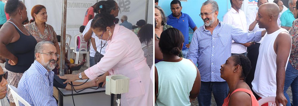 O prefeito Ademar Delgado acompanhou na manhã desta sexta-feira o atendimento do Odontomóvel, instalado no Terminal de Transbordo Professora Célia Campos, em Arembepe, na orla de Camaçari; ele parabenizou a equipe envolvida na ação e ressaltou a importância do equipamento para a comunidade; "A população da orla tem a oportunidade de realizar serviços odontológicos de qualidade e de forma gratuita", disse o prefeito, que aproveitou para aferir sua pressão arterial (Foto: Romulo Faro) O prefeito Ademar Delgado acompanhou na manhã desta sexta-feira o atendimento do Odontomóvel, instalado no Terminal de Transbordo Professora Célia Campos, em Arembepe, na orla de Camaçari; ele parabenizou a equipe envolvida na ação e ressaltou a importância do equipamento para a comunidade; "A população da orla tem a oportunidade de realizar serviços odontológicos de qualidade e de forma gratuita", disse o prefeito, que aproveitou para aferir sua pressão arterial