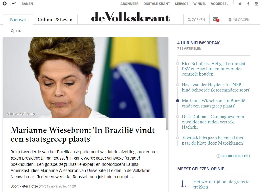 Um golpe de Estado está em curso no Brasil. É o que denuncia o jornal holandês de Volkskrant, em entrevista com Marianne Wiesebron, brasilianista e professora de Estudos Latino-Americanos da Universidade de Leiden, na Holanda (Foto: Leonardo Attuch) Um golpe de Estado está em curso no Brasil. É o que denuncia o jornal holandês de Volkskrant, em entrevista com Marianne Wiesebron, brasilianista e professora de Estudos Latino-Americanos da Universidade de Leiden, na Holanda