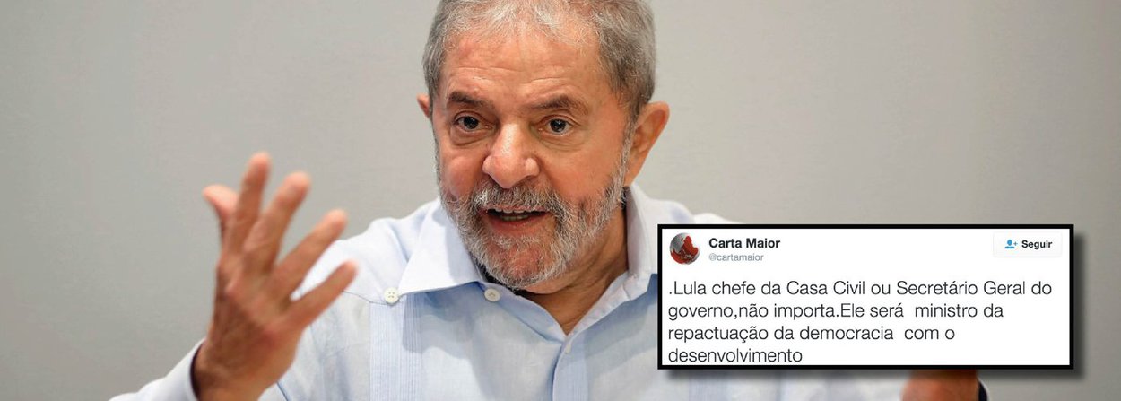 A Carta Maior defendeu que o ex-presidente Lula assuma um ministério no governo da presidente Dilma Rousseff; no Twitter, a publicação afirmou que Lula será "ministro da repactuação da democracia com o desenvolvimento" (Foto: Valter Lima) A Carta Maior defendeu que o ex-presidente Lula assuma um ministério no governo da presidente Dilma Rousseff; no Twitter, a publicação afirmou que Lula será "ministro da repactuação da democracia com o desenvolvimento"
