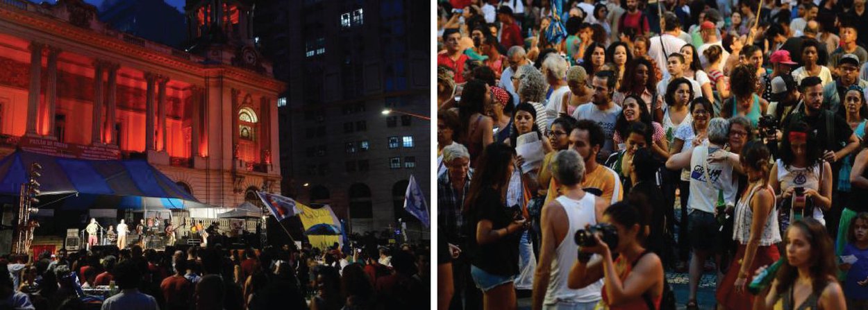 A Frente Nacional de Mobilização Povo sem Medo e o coletivo Ocupa Carnaval promovem desde o fim da tarde desta quinta (24) o evento cultural Festival pela Democracia, na Cinelândia, centro do Rio de Janeiro; entre os artistas, grupos e blocos de carnaval anunciados estão BNegão, Otto, Gregorio Duvivier, Tico Santa Cruz, Grupo Maracutaia, Unidos do Baque Virado, Sarau do Escritório, Nada Deve Parecer Impossível de Mudar, Forró de Rabeca, Comuna que Pariu, Primavera das Mulheres, Centro de Teatro do Oprimido, Poesia Viral, Manifesto dos Escritores, Mario Lago Filho e DJ Fukô, entre outros; uma das frases gritadas pelos organizadores é: "Golpe nunca mais. Eu tô nas ruas por direitos sociais"; a frente distribuiu um manifesto, em que propõe uma “saída pela esquerda”
(Foto: Valter Lima) A Frente Nacional de Mobilização Povo sem Medo e o coletivo Ocupa Carnaval promovem desde o fim da tarde desta quinta (24) o evento cultural Festival pela Democracia, na Cinelândia, centro do Rio de Janeiro; entre os artistas, grupos e blocos de carnaval anunciados estão BNegão, Otto, Gregorio Duvivier, Tico Santa Cruz, Grupo Maracutaia, Unidos do Baque Virado, Sarau do Escritório, Nada Deve Parecer Impossível de Mudar, Forró de Rabeca, Comuna que Pariu, Primavera das Mulheres, Centro de Teatro do Oprimido, Poesia Viral, Manifesto dos Escritores, Mario Lago Filho e DJ Fukô, entre outros; uma das frases gritadas pelos organizadores é: "Golpe nunca mais. Eu tô nas ruas por direitos sociais"; a frente distribuiu um manifesto, em que propõe uma “saída pela esquerda”