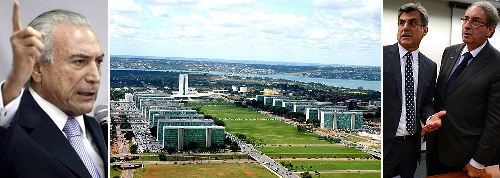 Vice-presidente Michel Temer afirma que Eduardo Cunha (PMDB) é "assunto do Judiciário e do Conselho de Ética" e que não caberia a ele, como presidente da República, interferir no futuro do presidente da Câmara: "Não cabe a mim, por demagogia, atacá-lo"; já sobre a presença de investigados na Lava Jato em seu possível governo, como o senador Romero Jucá (PMDB-RR), ele diz não ter nenhum tipo de constrangimento: "O Jucá entende muito de economia e de orçamento, é um excelente quadro. Se eu for esperar ele ser inocentado, o governo termina"; em entrevista ao Globo, o vice também afirma que só cortará três ministérios, em razão das pressões dos setores afetados (Foto: Roberta Namour) Vice-presidente Michel Temer afirma que Eduardo Cunha (PMDB) é "assunto do Judiciário e do Conselho de Ética" e que não caberia a ele, como presidente da República, interferir no futuro do presidente da Câmara: "Não cabe a mim, por demagogia, atacá-lo"; já sobre a presença de investigados na Lava Jato em seu possível governo, como o senador Romero Jucá (PMDB-RR), ele diz não ter nenhum tipo de constrangimento: "O Jucá entende muito de economia e de orçamento, é um excelente quadro. Se eu for esperar ele ser inocentado, o governo termina"; em entrevista ao Globo, o vice também afirma que só cortará três ministérios, em razão das pressões dos setores afetados