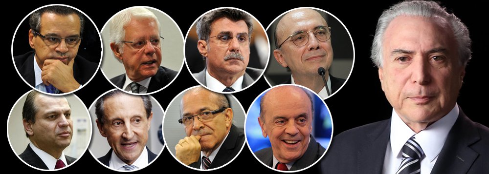 Antes mesmo de ser confirmado presidente pelo Senado, o vice Michel Temer praticamente definiu qual será sua equipe, caso a presidente Dilma Rousseff seja afastada temporariamente do cargo; a confirmação mais importante veio com Henrique Meirelles, na Fazenda; além dele, Temer escalou três de seus auxiliares mais próximos para postos-chave: Eliseu Padilha na Casa Civil, Romero Jucá no Planejamento e Moreira Franco na Infraestrutura; para a Educação, José Serra deve aceitar o cargo, mesmo enfrentando resistências no PSDB; Paulo Skaf, da Fiesp, é o mais cotado para o Desenvolvimento, que está acima do BNDES; além deles, Ricardo Barros deve ir para a Saúde e Henrique Alves voltaria para o Turismo (Foto: Leonardo Attuch) Antes mesmo de ser confirmado presidente pelo Senado, o vice Michel Temer praticamente definiu qual será sua equipe, caso a presidente Dilma Rousseff seja afastada temporariamente do cargo; a confirmação mais importante veio com Henrique Meirelles, na Fazenda; além dele, Temer escalou três de seus auxiliares mais próximos para postos-chave: Eliseu Padilha na Casa Civil, Romero Jucá no Planejamento e Moreira Franco na Infraestrutura; para a Educação, José Serra deve aceitar o cargo, mesmo enfrentando resistências no PSDB; Paulo Skaf, da Fiesp, é o mais cotado para o Desenvolvimento, que está acima do BNDES; além deles, Ricardo Barros deve ir para a Saúde e Henrique Alves voltaria para o Turismo