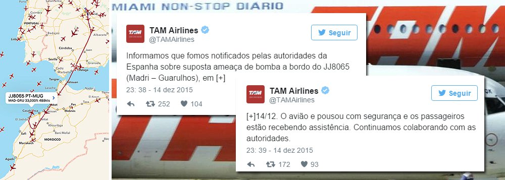 Voo JJ8065, que seguia para São Paulo, saiu às 20h37 dessa segunda-feira (14) e regressou a Madri ao receber a informação sobre a ameaça de bomba, quando sobrevoava o Marrocos (Foto: Roberta Namour) Voo JJ8065, que seguia para São Paulo, saiu às 20h37 dessa segunda-feira (14) e regressou a Madri ao receber a informação sobre a ameaça de bomba, quando sobrevoava o Marrocos