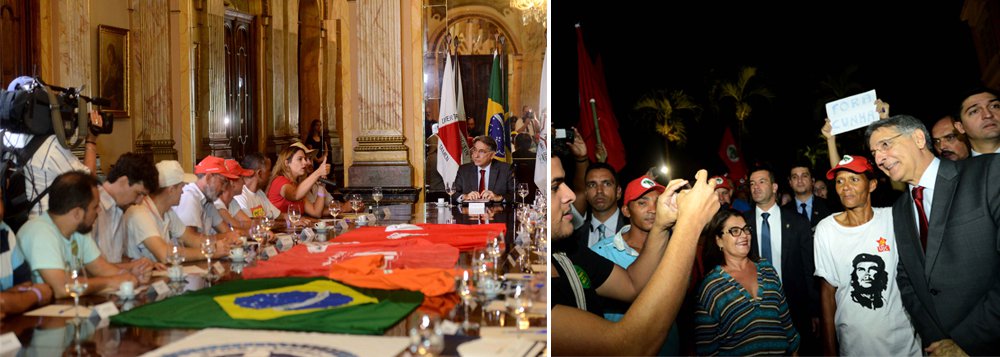 O governador Fernando Pimentel recebeu cerca de duas mil pessoas de diversos movimentos sociais que seguiam pela Marcha pela Democracia, de Ouro Preto a Belo Horizonte; elas apresentaram diversas demandas populares ao governador, que recebeu uma comissão de integrantes dos grupos sociais; entre as principais demandas apresentadas pela Frente Brasil Popular de Minas Gerais, composta por diversos movimentos sociais, sindicais e de classe, estão a defesa da democracia e a participação popular na administração pública (Foto: Leonardo Lucena) O governador Fernando Pimentel recebeu cerca de duas mil pessoas de diversos movimentos sociais que seguiam pela Marcha pela Democracia, de Ouro Preto a Belo Horizonte; elas apresentaram diversas demandas populares ao governador, que recebeu uma comissão de integrantes dos grupos sociais; entre as principais demandas apresentadas pela Frente Brasil Popular de Minas Gerais, composta por diversos movimentos sociais, sindicais e de classe, estão a defesa da democracia e a participação popular na administração pública