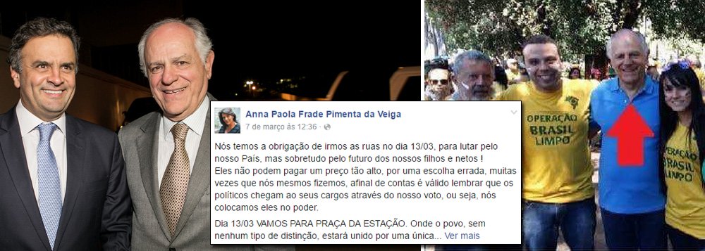 A Justiça Federal aceitou denúncia por lavagem de dinheiro contra Pimenta da Veiga, um dos fundadores do PSDB em Minas Gerais e ex-candidato ao Palácio da Liberdade; em 2003, quando exercia mandato de deputado federal, ele teria recebido recursos de origem não comprovada repassados por agências de publicidade do empresário Marcos Valério; no dia 7 de março, sua esposa Anna Paola usou as redes sociais para convocar manifestações em protesto contra a corrupção; "Nós temos a obrigação de irmos às ruas no dia 13 para lutar pelo nosso País, mas sobretudo pelo futuro dos nossos filhos e netos", disse ela; Pimenta já foi também tesoureiro de campanhas presidenciais do PSDB, cuidando da arrecadação tucana em Minas para FHC e José Serra (Foto: Paulo Emílio) A Justiça Federal aceitou denúncia por lavagem de dinheiro contra Pimenta da Veiga, um dos fundadores do PSDB em Minas Gerais e ex-candidato ao Palácio da Liberdade; em 2003, quando exercia mandato de deputado federal, ele teria recebido recursos de origem não comprovada repassados por agências de publicidade do empresário Marcos Valério; no dia 7 de março, sua esposa Anna Paola usou as redes sociais para convocar manifestações em protesto contra a corrupção; "Nós temos a obrigação de irmos às ruas no dia 13 para lutar pelo nosso País, mas sobretudo pelo futuro dos nossos filhos e netos", disse ela; Pimenta já foi também tesoureiro de campanhas presidenciais do PSDB, cuidando da arrecadação tucana em Minas para FHC e José Serra