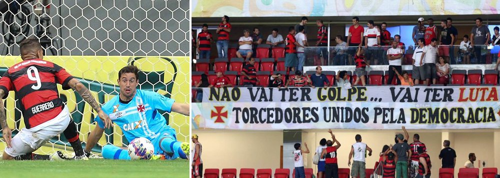 Rivais históricos, vascaínos e rubro-negros se uniram em uma partida no estádio Mané Garrincha, nesta quarta-feira, em Brasília, em defesa do governo Dilma Rousseff; levantaram uma faixa com a mensagem: 'Não vai ter golpe...vai ter luta! Torcedores unidos pela democracia', em partida pela Taça Guanabara, a segunda fase do Campeonato Carioca (Foto: Roberta Namour) Rivais históricos, vascaínos e rubro-negros se uniram em uma partida no estádio Mané Garrincha, nesta quarta-feira, em Brasília, em defesa do governo Dilma Rousseff; levantaram uma faixa com a mensagem: 'Não vai ter golpe...vai ter luta! Torcedores unidos pela democracia', em partida pela Taça Guanabara, a segunda fase do Campeonato Carioca