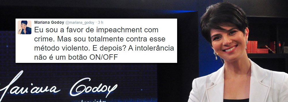 Jornalista indica que um impeachment sem crime de responsabilidade, se concretizado, só fará crescer a violência política; "Eu sou a favor de impeachment com crime. Mas sou totalmente contra esse método violento. E depois? A intolerância não é um botão ON/OFF", postou no Twitter; ela menciona protestos em frente à casa de Ciro Gomes durante a madrugada e agora agressões contra o ministro Teori Zavascki, do STF (Foto: Gisele Federicce) Jornalista indica que um impeachment sem crime de responsabilidade, se concretizado, só fará crescer a violência política; "Eu sou a favor de impeachment com crime. Mas sou totalmente contra esse método violento. E depois? A intolerância não é um botão ON/OFF", postou no Twitter; ela menciona protestos em frente à casa de Ciro Gomes durante a madrugada e agora agressões contra o ministro Teori Zavascki, do STF