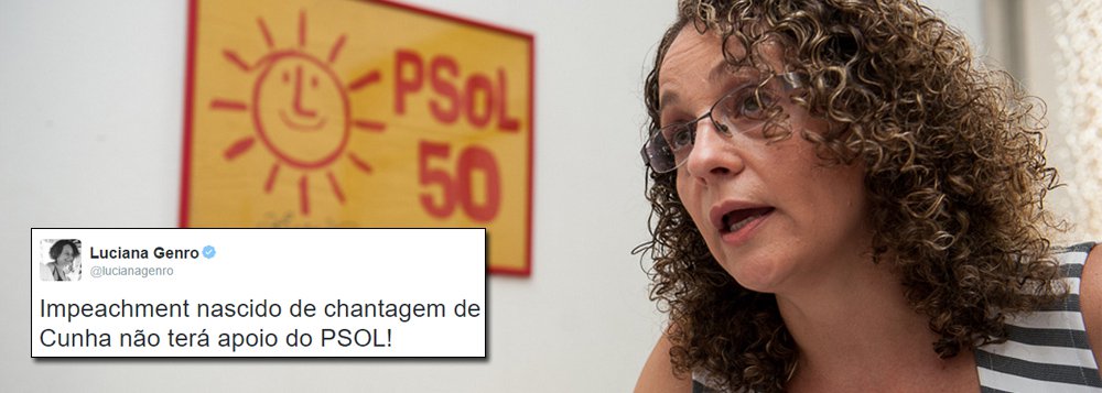 Líder do PSOL e quarta colocada nas eleições presidenciais de 2014, Luciana Genro, criticou a tentativa de ruptura democrática perpetrada pelo presidente da Câmara (PMDB), ao aceitar o pedido de impeachment da presidente Dilma Rousseff; em sua conta no Twitter, Luciana Genro reforçou que a medida de Eduardo Cunha, com apoio de líderes da oposição como o senador Aécio Neves (PSDB), é retaliação política e "chantagem"; "Impeachment nascido de chantagem de Cunha não terá apoio do PSOL!", afirmou (Foto: Aquiles Lins) Líder do PSOL e quarta colocada nas eleições presidenciais de 2014, Luciana Genro, criticou a tentativa de ruptura democrática perpetrada pelo presidente da Câmara (PMDB), ao aceitar o pedido de impeachment da presidente Dilma Rousseff; em sua conta no Twitter, Luciana Genro reforçou que a medida de Eduardo Cunha, com apoio de líderes da oposição como o senador Aécio Neves (PSDB), é retaliação política e "chantagem"; "Impeachment nascido de chantagem de Cunha não terá apoio do PSOL!", afirmou