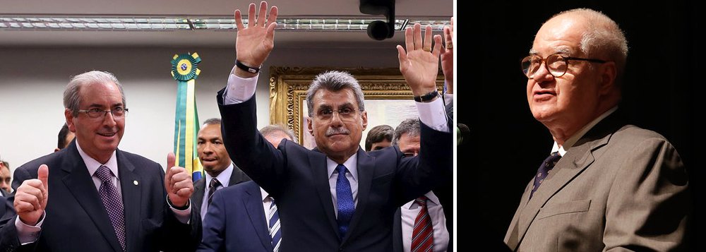 'É necessário reconhecer que a cena do deputado Eduardo Cunha e do senador Romero Jucá de mãos dadas e braços erguidos comemorando o rompimento do PMDB com o Planalto mostra para onde vão os interesses de uma banda da oligarquia. Cunha é réu no STF e Jucá está sendo investigado pelo MP. Se houvesse qualquer referência ao combate à corrupção no seu discurso de posse presuntiva, Temer mostraria coragem e disposição de incomodar correligionários. Esqueceu-se, tudo bem, mas não deve pedir aos ouvintes que não percebam', disse o colunista Elio Gaspari (Foto: Roberta Namour) 'É necessário reconhecer que a cena do deputado Eduardo Cunha e do senador Romero Jucá de mãos dadas e braços erguidos comemorando o rompimento do PMDB com o Planalto mostra para onde vão os interesses de uma banda da oligarquia. Cunha é réu no STF e Jucá está sendo investigado pelo MP. Se houvesse qualquer referência ao combate à corrupção no seu discurso de posse presuntiva, Temer mostraria coragem e disposição de incomodar correligionários. Esqueceu-se, tudo bem, mas não deve pedir aos ouvintes que não percebam', disse o colunista Elio Gaspari