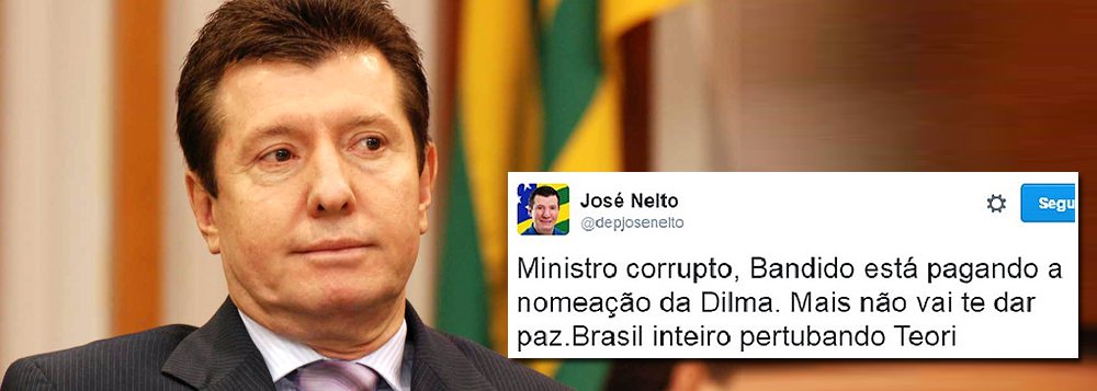 Deputado estadual goiano José Nelto, conhecido pelo estilo radical e histriônico, agora atacou o ministro Teori Zavascki; em seu Twitter, Nelto escreveu que Teori é corrupto e bandido; “Ministro corrupto, bandido está pagando a nomeação da Dilma, mas não vai te dar paz. Brasil inteiro perturbando (sic) Teori”, tuitou o parlamentar que é ligado ao deputado federal Daniel Vilela; parlamentar também fez ataques à ministra Kátia Abreu (Foto: José Barbacena) Deputado estadual goiano José Nelto, conhecido pelo estilo radical e histriônico, agora atacou o ministro Teori Zavascki; em seu Twitter, Nelto escreveu que Teori é corrupto e bandido; “Ministro corrupto, bandido está pagando a nomeação da Dilma, mas não vai te dar paz. Brasil inteiro perturbando (sic) Teori”, tuitou o parlamentar que é ligado ao deputado federal Daniel Vilela; parlamentar também fez ataques à ministra Kátia Abreu