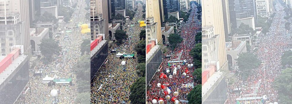 A contagem de pessoas durante as manifestações em favor da presidente Dilma Rousseff e do ex-presidente Lula, nessa sexta-feira, 18, tem gerado críticas ao instituto de pesquisas da Folha de S. Paulo; "Só otário acredita que a mesma quantidade de pessoas no mesmo espaço num dia da semana significa um milhão e meio e no outro 150 mil pessoas", criticou a jornalista Hildegard Angel, em sua conta no Twitter; para o jornalista Luís Nassif, a estimativa de público de 90 mil pessoas na Paulista ontem, pelo DataFolha, "infelizmente destrói a reputação do instituto" (Foto: Aquiles Lins) A contagem de pessoas durante as manifestações em favor da presidente Dilma Rousseff e do ex-presidente Lula, nessa sexta-feira, 18, tem gerado críticas ao instituto de pesquisas da Folha de S. Paulo; "Só otário acredita que a mesma quantidade de pessoas no mesmo espaço num dia da semana significa um milhão e meio e no outro 150 mil pessoas", criticou a jornalista Hildegard Angel, em sua conta no Twitter; para o jornalista Luís Nassif, a estimativa de público de 90 mil pessoas na Paulista ontem, pelo DataFolha, "infelizmente destrói a reputação do instituto"