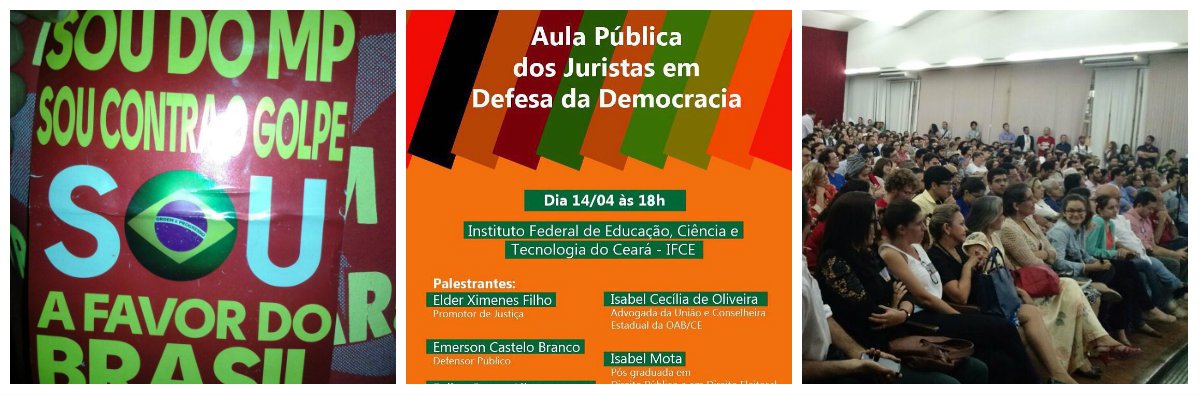 O evento é promovido pelo Movimento Juristas pela Legalidade e pela Democracia. A aula será proferida pelo promotor de justiça Elder Ximenes Filho, pelo defensor público Emerson Castelo Branco e pelos advogados Felipe Braga Albuquerque, Isabel Cecília de Oliveira e Isabel Mota; aqui no Ceará, além dos juristas, também um grupo de promotores do Ministério Público Estadual está se articulando em defesa da democracia; ainda esta semana o grupo planeja realizar uma primeira reunião para formalizar a adesão ao movimento nacional de promotores públicos em defesa da democracia e da Constituição (Foto: Fatima 247) O evento é promovido pelo Movimento Juristas pela Legalidade e pela Democracia. A aula será proferida pelo promotor de justiça Elder Ximenes Filho, pelo defensor público Emerson Castelo Branco e pelos advogados Felipe Braga Albuquerque, Isabel Cecília de Oliveira e Isabel Mota; aqui no Ceará, além dos juristas, também um grupo de promotores do Ministério Público Estadual está se articulando em defesa da democracia; ainda esta semana o grupo planeja realizar uma primeira reunião para formalizar a adesão ao movimento nacional de promotores públicos em defesa da democracia e da Constituição