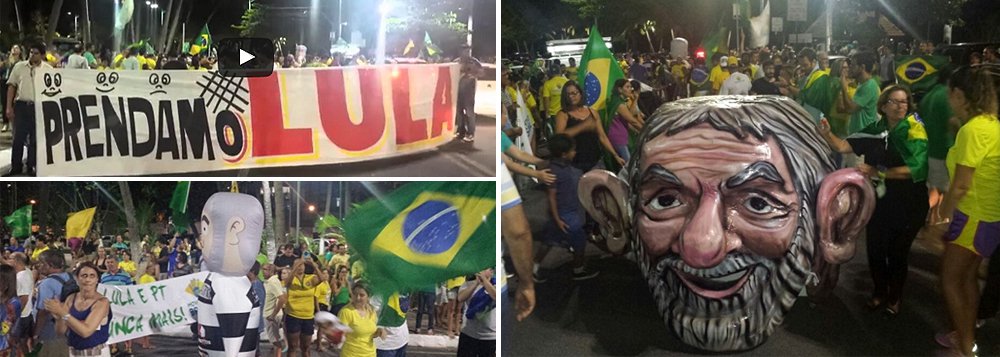 Cerca de 250 pessoas protestaram, na orla de Maceió, contra a nomeação do ex-presidente Lula como ministro; os manifestantes ocuparam uma das vias da principal avenida da orla da capital com cartazes, faixas e bandeiras; eles também pediam o impeachment da presidente Dilma Rousseff e a prisão do ex-presidente (Foto: Voney Malta) Cerca de 250 pessoas protestaram, na orla de Maceió, contra a nomeação do ex-presidente Lula como ministro; os manifestantes ocuparam uma das vias da principal avenida da orla da capital com cartazes, faixas e bandeiras; eles também pediam o impeachment da presidente Dilma Rousseff e a prisão do ex-presidente