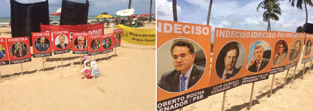 Manifestantes pró-impeachment ligados a movimento Vem Pra Rua realizaram um ato intitulado "Enterro da Vergonha" na praia de Boa Viagem, na Zona Sul do Recife; portando faixas e cartazes contra o governo da presidente Dilma Rousseff, os manifestantes colocaram placas com os nomes e fotos dos senadores indecisos e contrários ao impeachment na areia da praia; segundo os organizadores, 23 senadores ainda se dizem indecisos e outros 23 são contrários ao afastamento da presidente (Foto: Paulo Emílio) Manifestantes pró-impeachment ligados a movimento Vem Pra Rua realizaram um ato intitulado "Enterro da Vergonha" na praia de Boa Viagem, na Zona Sul do Recife; portando faixas e cartazes contra o governo da presidente Dilma Rousseff, os manifestantes colocaram placas com os nomes e fotos dos senadores indecisos e contrários ao impeachment na areia da praia; segundo os organizadores, 23 senadores ainda se dizem indecisos e outros 23 são contrários ao afastamento da presidente