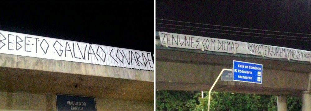 O Movimento Brasil Livre (MBL) enviou nota à imprensa nesta segunda-feira comemorando a intimidação que tem feito contra deputados baianos que ainda não declararam seu voto e podem ser contra o impeachment da presidente Dilma Rousseff; viadutos na região do Iguatemi e no Vale do Canela amanheceram esta segunda com faixas de protesto contra Bebeto Galvão (PSB) e José Nunes (PSD); 'Bebeto covarde' e 'Zé Nunes com Dilma? Boicote Iguatemi Pneus. É dele!' estão em duas das faixas; o movimento programou para esta semana a 'operação minerva', que consiste em intimidar os parlamentares em suas residências e bases eleitorais (Foto: Romulo Faro) O Movimento Brasil Livre (MBL) enviou nota à imprensa nesta segunda-feira comemorando a intimidação que tem feito contra deputados baianos que ainda não declararam seu voto e podem ser contra o impeachment da presidente Dilma Rousseff; viadutos na região do Iguatemi e no Vale do Canela amanheceram esta segunda com faixas de protesto contra Bebeto Galvão (PSB) e José Nunes (PSD); 'Bebeto covarde' e 'Zé Nunes com Dilma? Boicote Iguatemi Pneus. É dele!' estão em duas das faixas; o movimento programou para esta semana a 'operação minerva', que consiste em intimidar os parlamentares em suas residências e bases eleitorais