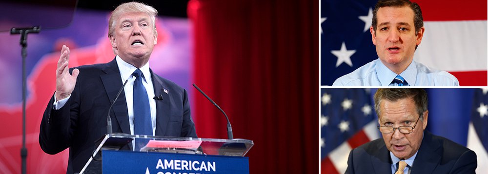 Candidatos republicanos Ted Cruz e John Kasich anunciaram um acordo para deter o avanço da candidatura do magnata Donald Trump, líder na corrida eleitoral que vai escolher o representante do Partido Republicano nas eleições presidenciais dos Estados Unidos em novembro deste ano; acordo, sem precedentes na história eleitoral dos EUA, consiste em ceder um ao outro os estados que ainda vão eleger delegados do partido e, assim, ganhar energia para a convenção nacional do Partido Republicano, marcada para julho; anúncio do acordo foi feito uma semana depois da vitória de Donald Trump nas eleições primárias de Nova York (Foto: Paulo Emílio) Candidatos republicanos Ted Cruz e John Kasich anunciaram um acordo para deter o avanço da candidatura do magnata Donald Trump, líder na corrida eleitoral que vai escolher o representante do Partido Republicano nas eleições presidenciais dos Estados Unidos em novembro deste ano; acordo, sem precedentes na história eleitoral dos EUA, consiste em ceder um ao outro os estados que ainda vão eleger delegados do partido e, assim, ganhar energia para a convenção nacional do Partido Republicano, marcada para julho; anúncio do acordo foi feito uma semana depois da vitória de Donald Trump nas eleições primárias de Nova York