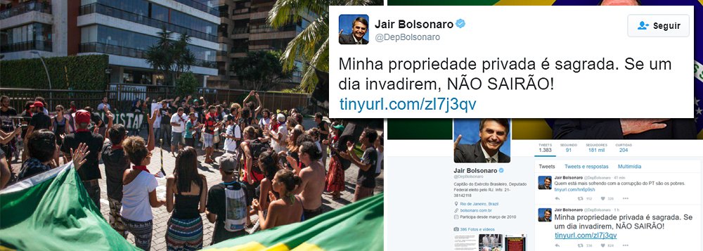 Ameaça foi publicado pelo deputado federal Jair Bolsonaro (PSC-RJ) em seu Facebook, após ele ser alvo na manhã deste domingo (24) de um escracho promovido por centenas de manifestantes em frente à residência dele (Foto: Valter Lima) Ameaça foi publicado pelo deputado federal Jair Bolsonaro (PSC-RJ) em seu Facebook, após ele ser alvo na manhã deste domingo (24) de um escracho promovido por centenas de manifestantes em frente à residência dele