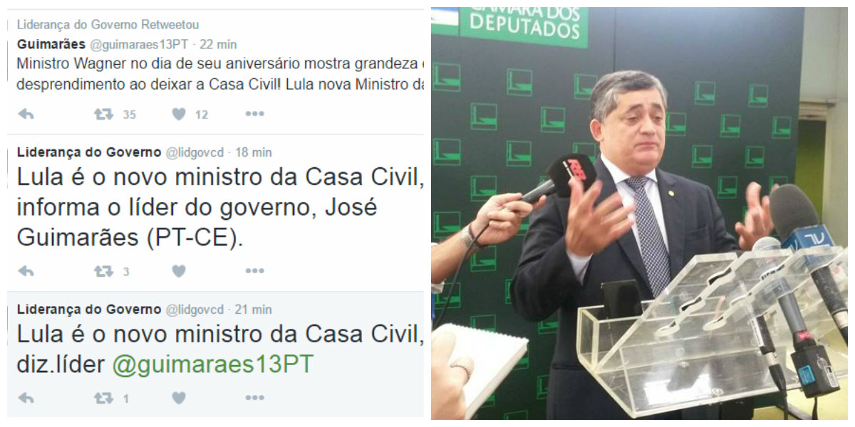 O anúncio de que o ex-presidente Lula é o novo ministro da Casa Civil foi feito pelas redes sociais e em seguida confirmado pelo agora ex-ministro Jaques Wagner e pelo líder o PT na Câmara, Afonso Florence (Foto: Fatima 247) O anúncio de que o ex-presidente Lula é o novo ministro da Casa Civil foi feito pelas redes sociais e em seguida confirmado pelo agora ex-ministro Jaques Wagner e pelo líder o PT na Câmara, Afonso Florence
