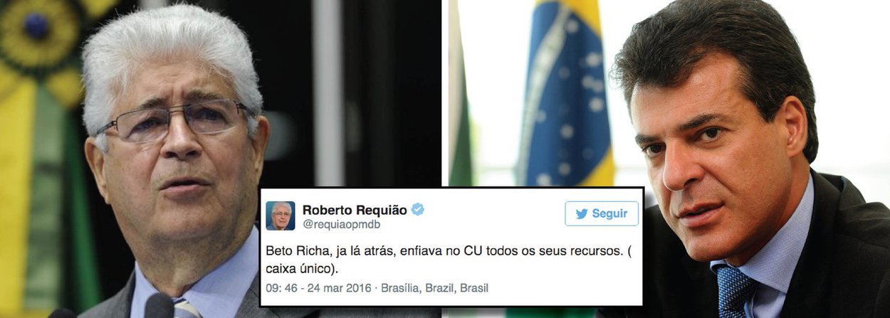 O senador Roberto Requião (PMDB-PR), pelo Twitter, indignado com o vazamento seletivo de denúncias, decidiu revelar o local ‘onde’ o governador do Paraná, Beto Richa (PSDB), costuma enfiar todos os recursos; "Beto Richa, ja lá atrás, enfiava no CU todos os seus recursos. ( caixa único)", disse ele no Twitter; o nome Beto Richa aparece anotado na planilha de propinas da Odebrecht, apreendida pela Polícia Federal, onde está registrado R$ 200 mil para a campanha eleitoral de 2010 (Foto: Leonardo Lucena) O senador Roberto Requião (PMDB-PR), pelo Twitter, indignado com o vazamento seletivo de denúncias, decidiu revelar o local ‘onde’ o governador do Paraná, Beto Richa (PSDB), costuma enfiar todos os recursos; "Beto Richa, ja lá atrás, enfiava no CU todos os seus recursos. ( caixa único)", disse ele no Twitter; o nome Beto Richa aparece anotado na planilha de propinas da Odebrecht, apreendida pela Polícia Federal, onde está registrado R$ 200 mil para a campanha eleitoral de 2010