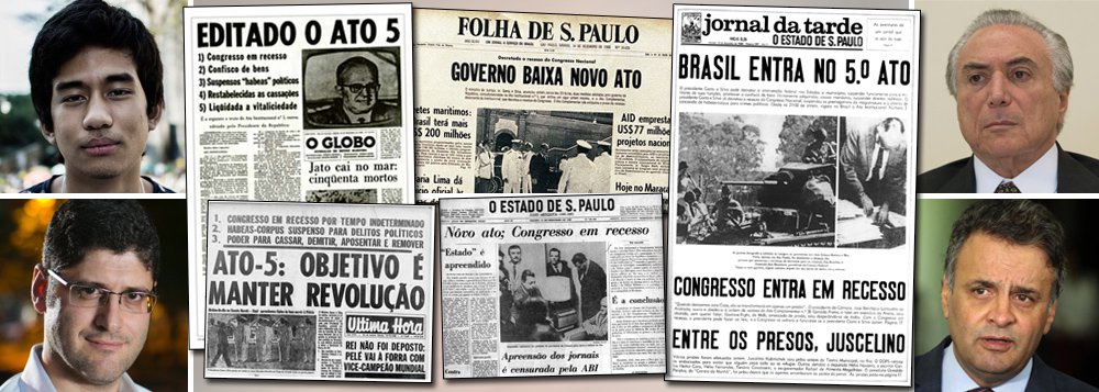 Neste domingo, data que marca o aniversário do AI-5, ato institucional baixado pelos militares que endureceu a ditadura, os movimentos Vem pra Rua e Movimento Brasil Livre, comandados por Kim Kataguiri e Rogério Chequer, colocam suas tropas nas avendas para tentar engrossar o movimento pelo impeachment da presidente Dilma Rousseff; caso seja bem-sucedido, o golpe contra a democracia, estimulado pelo senador Aécio Neves (PSDB-MG), levará ao poder o vice-presidente Michel Temer, do PMDB, cujo plano de governo se concentra na sua "ponte para o futuro"; documento reduz gastos sociais obrigatórios, em áreas como saúde e educação, amplia idade mínima para aposentadoria e limita os reajustes do salário mínimo (Foto: Ana Pupulin) Neste domingo, data que marca o aniversário do AI-5, ato institucional baixado pelos militares que endureceu a ditadura, os movimentos Vem pra Rua e Movimento Brasil Livre, comandados por Kim Kataguiri e Rogério Chequer, colocam suas tropas nas avendas para tentar engrossar o movimento pelo impeachment da presidente Dilma Rousseff; caso seja bem-sucedido, o golpe contra a democracia, estimulado pelo senador Aécio Neves (PSDB-MG), levará ao poder o vice-presidente Michel Temer, do PMDB, cujo plano de governo se concentra na sua "ponte para o futuro"; documento reduz gastos sociais obrigatórios, em áreas como saúde e educação, amplia idade mínima para aposentadoria e limita os reajustes do salário mínimo