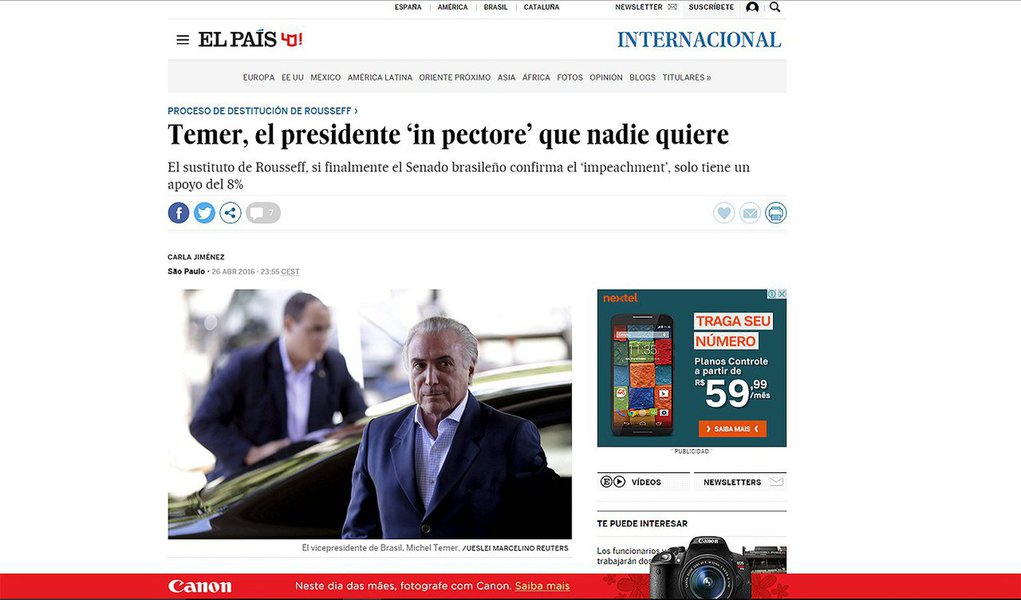 Reportagem do jornal espanhol El Pais destaca pesquisa Ibope sobre o impeachment no Brasil, que aponta que apenas 8% dos entrevistados apoia um eventual governo Temer; texto ressalta que o vice, “que agora negocia seu futuro governo na sombra, foi chamado pela própria presidente Dilma Rousseff de conspirador e golpista”, e que é suspeito de envolvimento no esquema de corrupção da Petrobras (Foto: Roberta Namour) Reportagem do jornal espanhol El Pais destaca pesquisa Ibope sobre o impeachment no Brasil, que aponta que apenas 8% dos entrevistados apoia um eventual governo Temer; texto ressalta que o vice, “que agora negocia seu futuro governo na sombra, foi chamado pela própria presidente Dilma Rousseff de conspirador e golpista”, e que é suspeito de envolvimento no esquema de corrupção da Petrobras