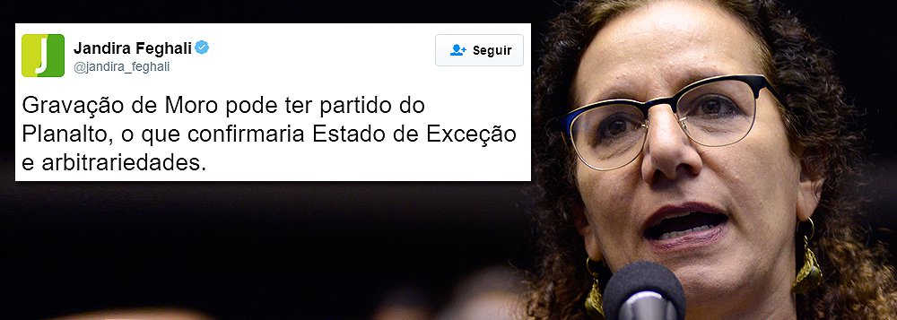 Deputada federal Jandira Feghali (PCdoB/RJ) diz ser "estranho" gravação do juiz Sérgio Moro se iniciar no Palácio do Planalto; ‘Ouça o início do áudio: a ligação que partiu do Planalto já estava sendo grampeada, muito antes do segurança atender e dizer "alô". Isso seria um absurdo, Estado de Exceção. Chefe de Estado não pode ser grampeada!!!’ (Foto: Roberta Namour) Deputada federal Jandira Feghali (PCdoB/RJ) diz ser "estranho" gravação do juiz Sérgio Moro se iniciar no Palácio do Planalto; ‘Ouça o início do áudio: a ligação que partiu do Planalto já estava sendo grampeada, muito antes do segurança atender e dizer "alô". Isso seria um absurdo, Estado de Exceção. Chefe de Estado não pode ser grampeada!!!’